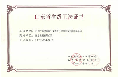 公司榮獲山東省省級(jí)“利用二次預(yù)留技術(shù)進(jìn)行電纜防火封堵施工工法”